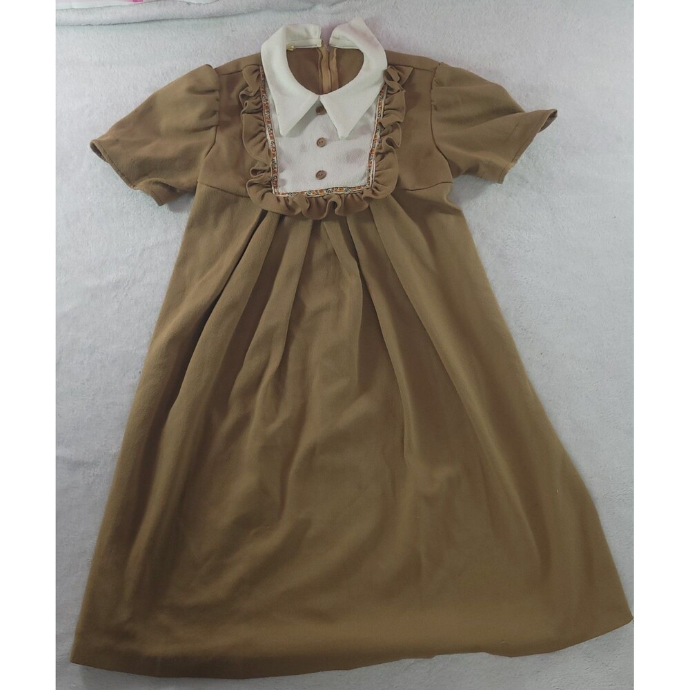 Vintage Kids Brown Ruffle Dress Girls 12-14 Womens XS Mod Prairie Cottagecore